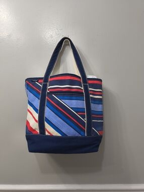 Lands' End Canvas Tote Bag Stripes Red Blue Cream Beach Nautical Patriotic Work